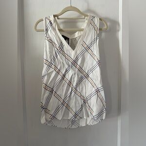 Massimo Dutti White Plaid V-Neck Sleeveless Top